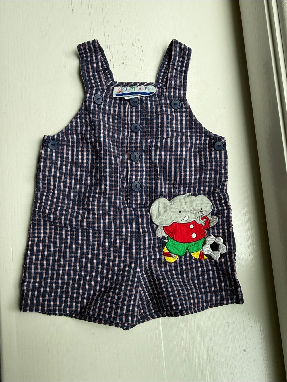 Vintage 2000s Checkered soccer 12m Overalls with Elephant Appliqué